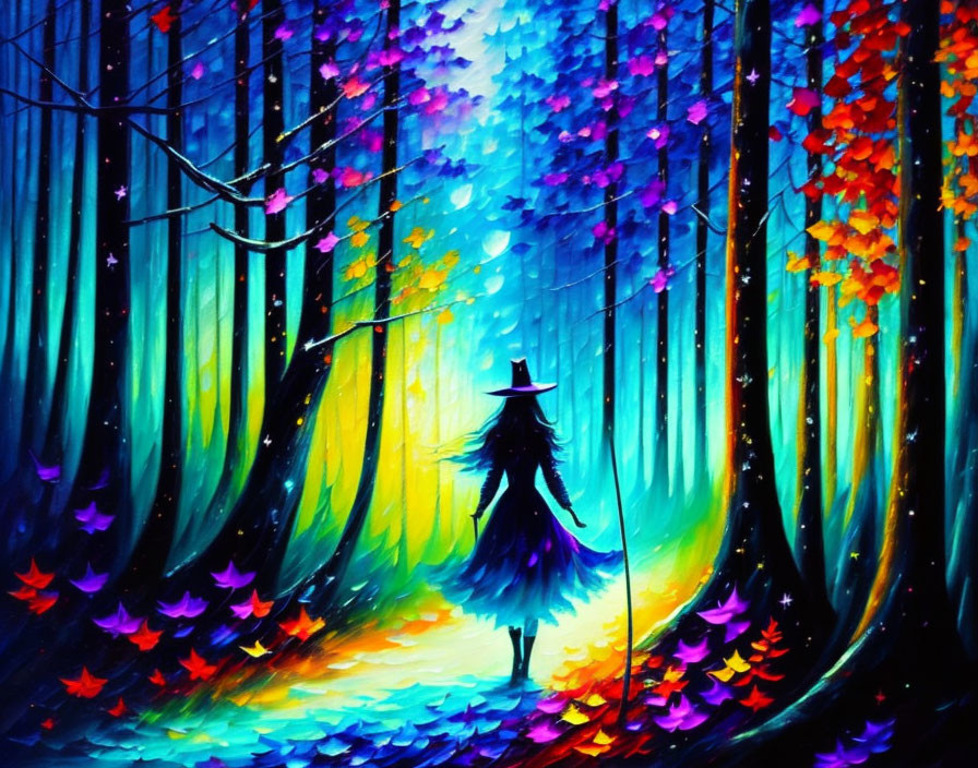 Colorful Painting: Person in Hat Walking Through Whimsical Forest