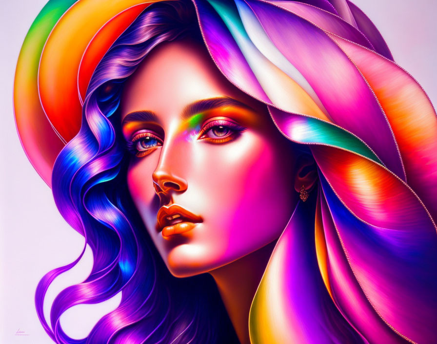 Colorful portrait of a woman with vibrant makeup and rainbow-like hair