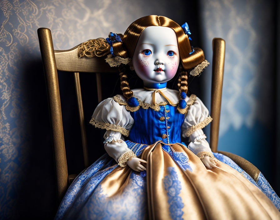 Porcelain doll with braided hair in blue and gold dress on patterned chair