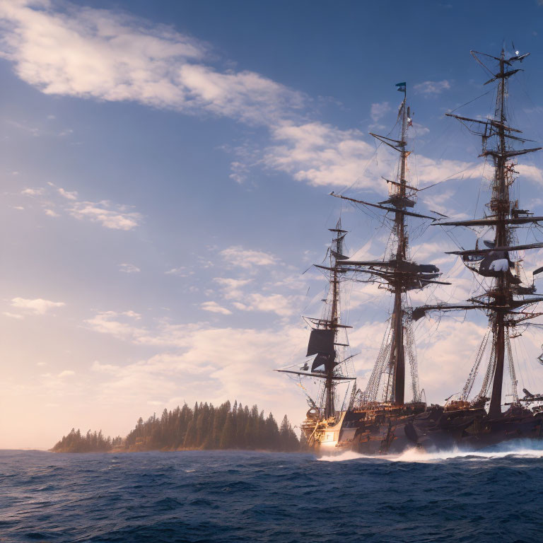 Sailboat with set sails near tree-covered island at sunset