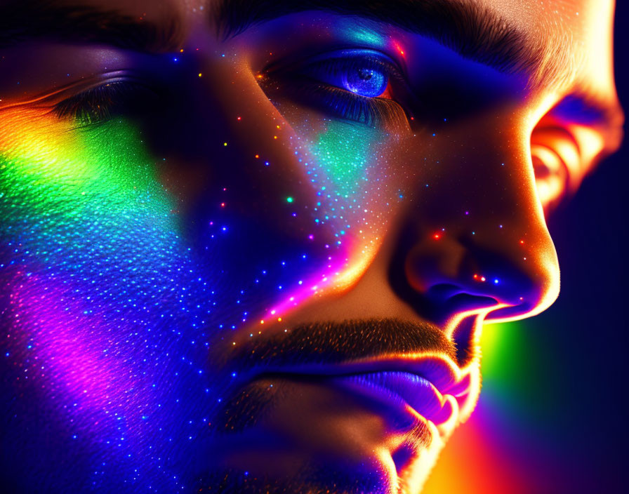 Vibrant neon light reflections on person's face