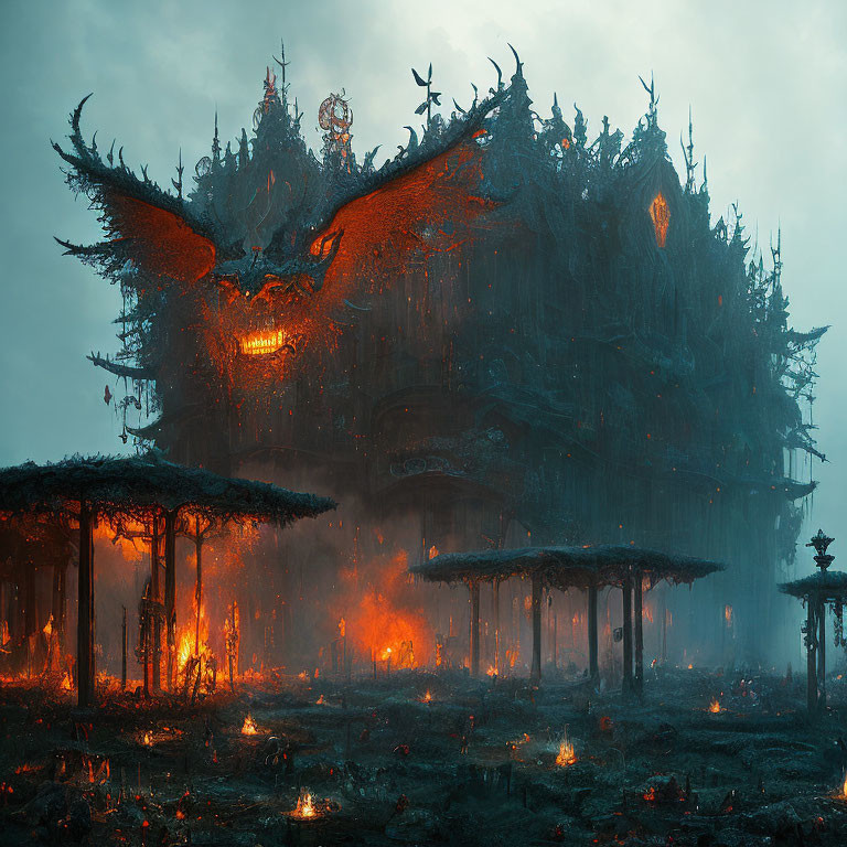 Sinister multi-tiered building with dragon sculptures in burning forest