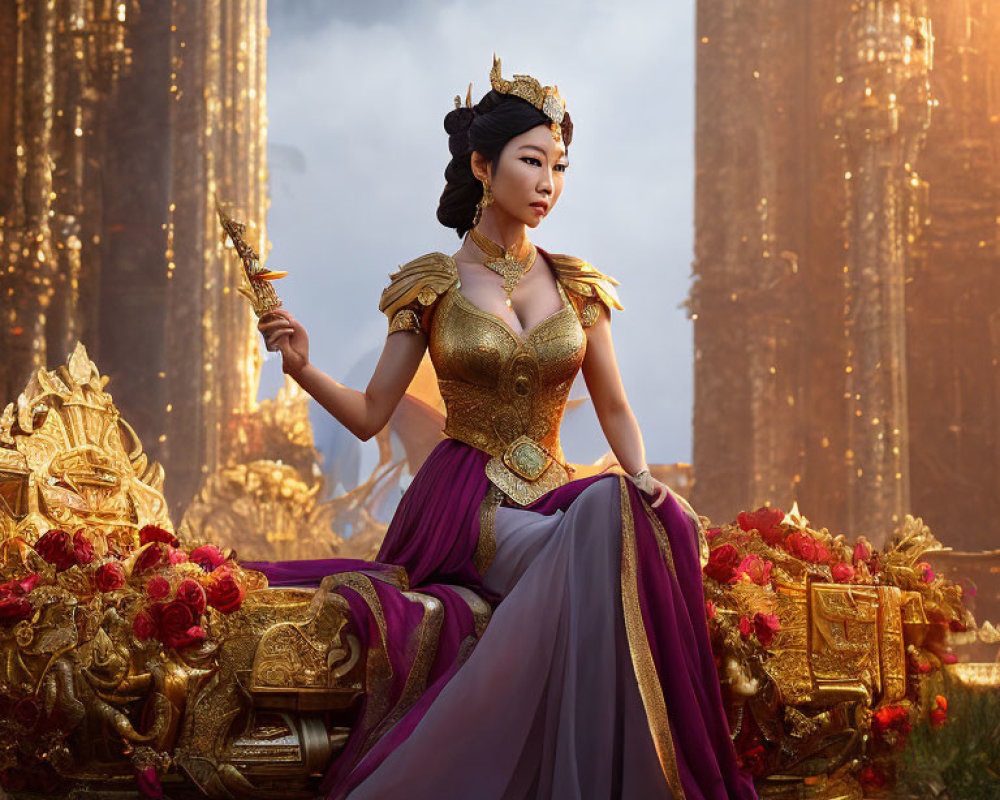 Regal woman on golden throne with crown and scepter among red flowers