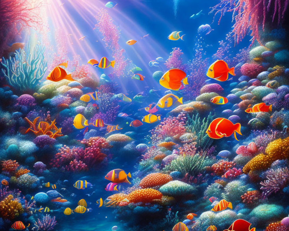 Colorful coral and tropical fish in vibrant underwater scene