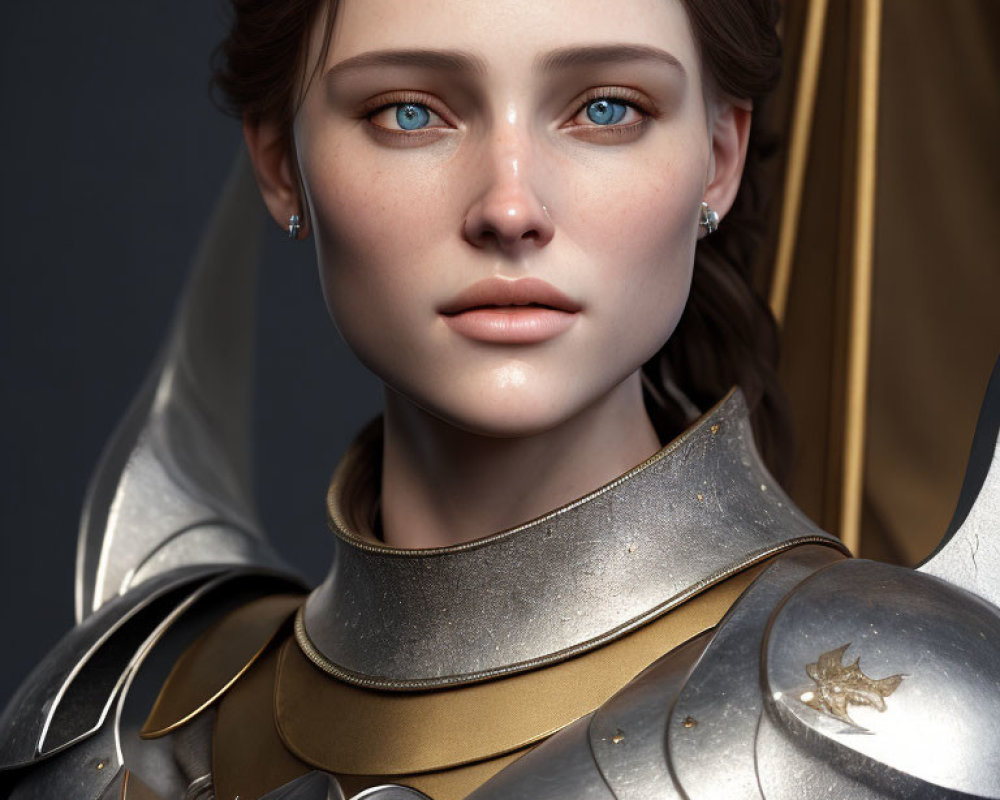 Portrait of Woman in Blue-Eyed Silver Medieval Armor