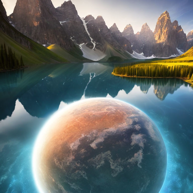 Surreal composite image of mountain landscape with giant planet reflected in lake