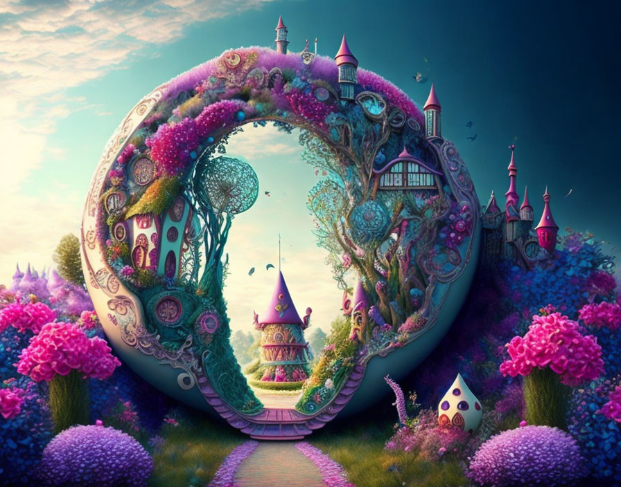 Vibrant circular landscape with fantastical flora and structures