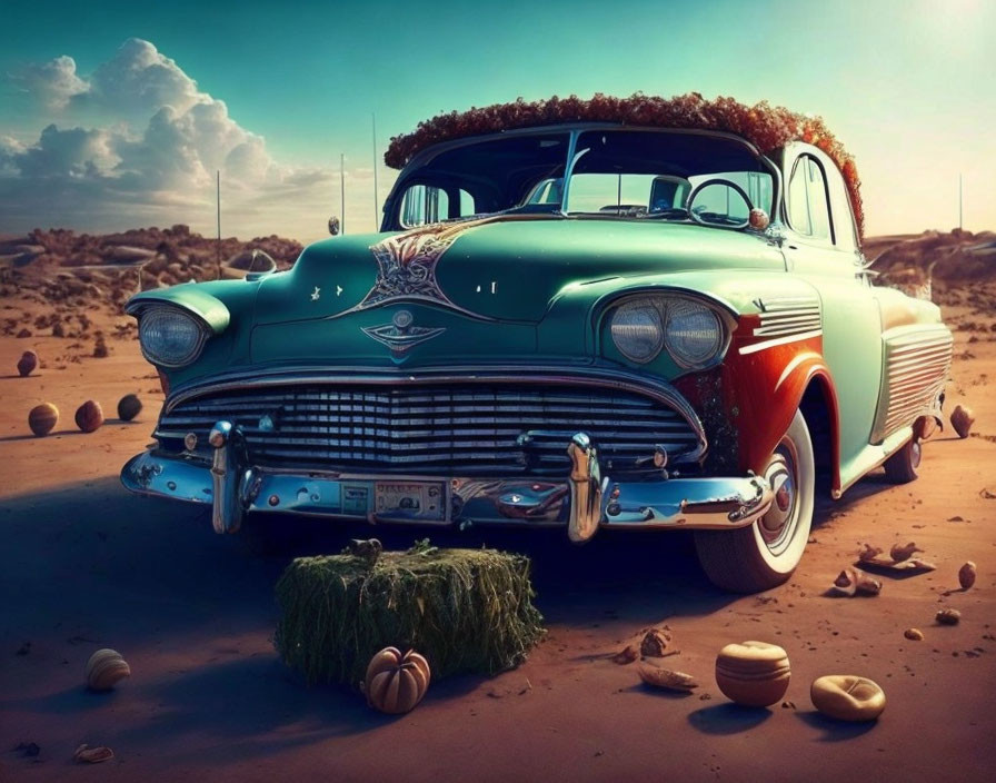 Vintage Teal Car with White Stripes in Desert Landscape