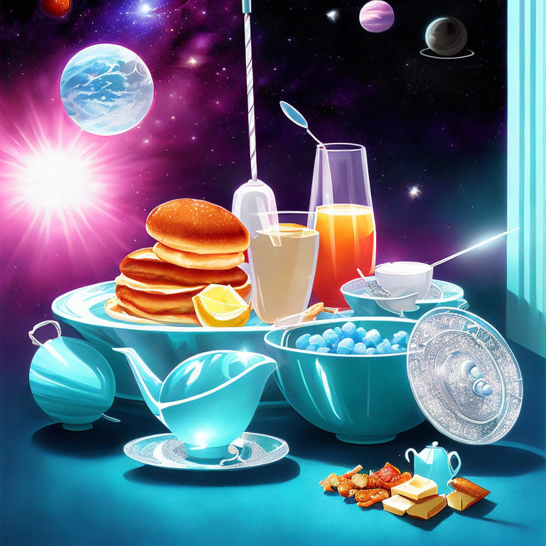 Colorful Cosmic Breakfast Spread with Pancakes, Orange Juice, and Tea Set