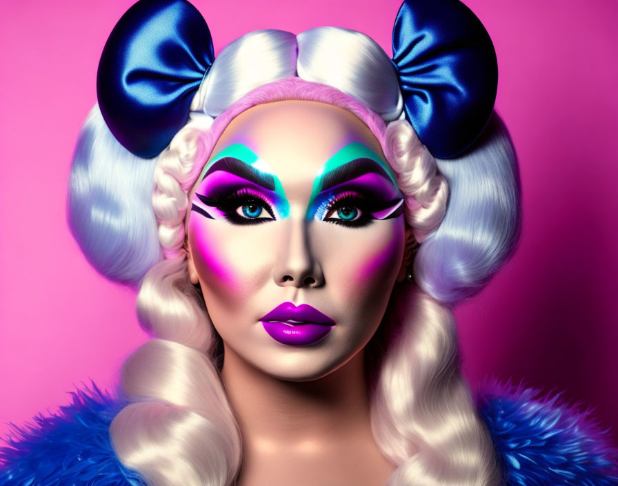 Dramatic makeup and stylized hair with blue bow on pink background