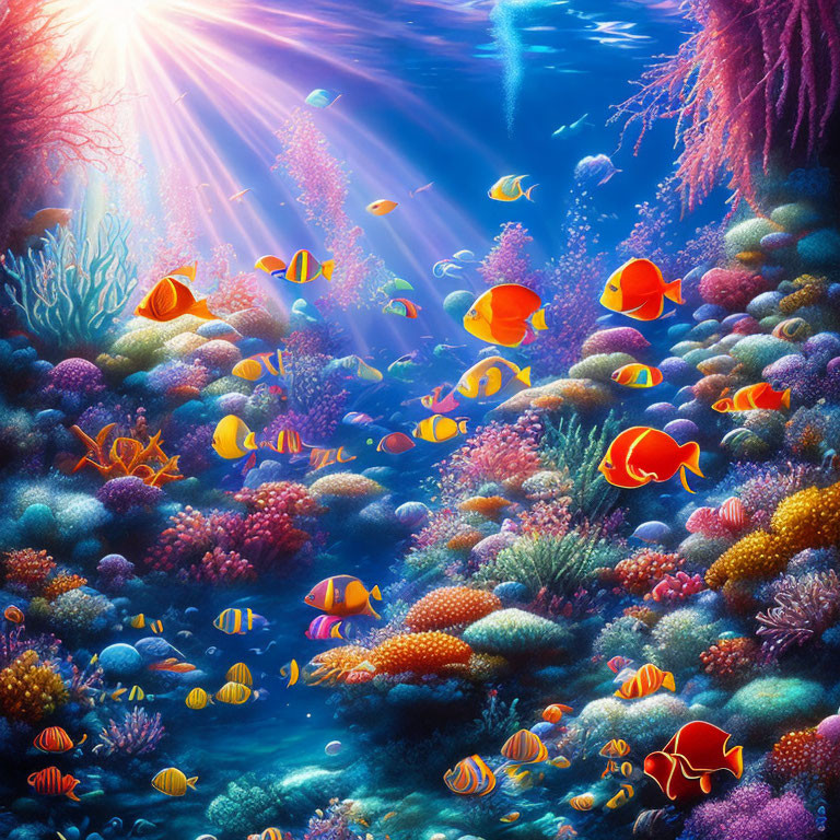 Colorful coral and tropical fish in vibrant underwater scene