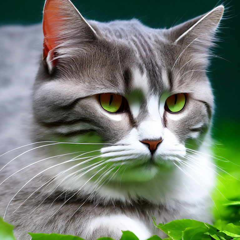 Gray Cat with Striking Green Eyes Surrounded by Green Leaves