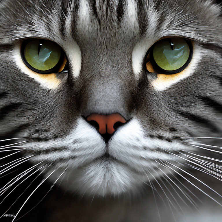 Grey Tabby Cat with Green Eyes and Pink Nose Close-Up