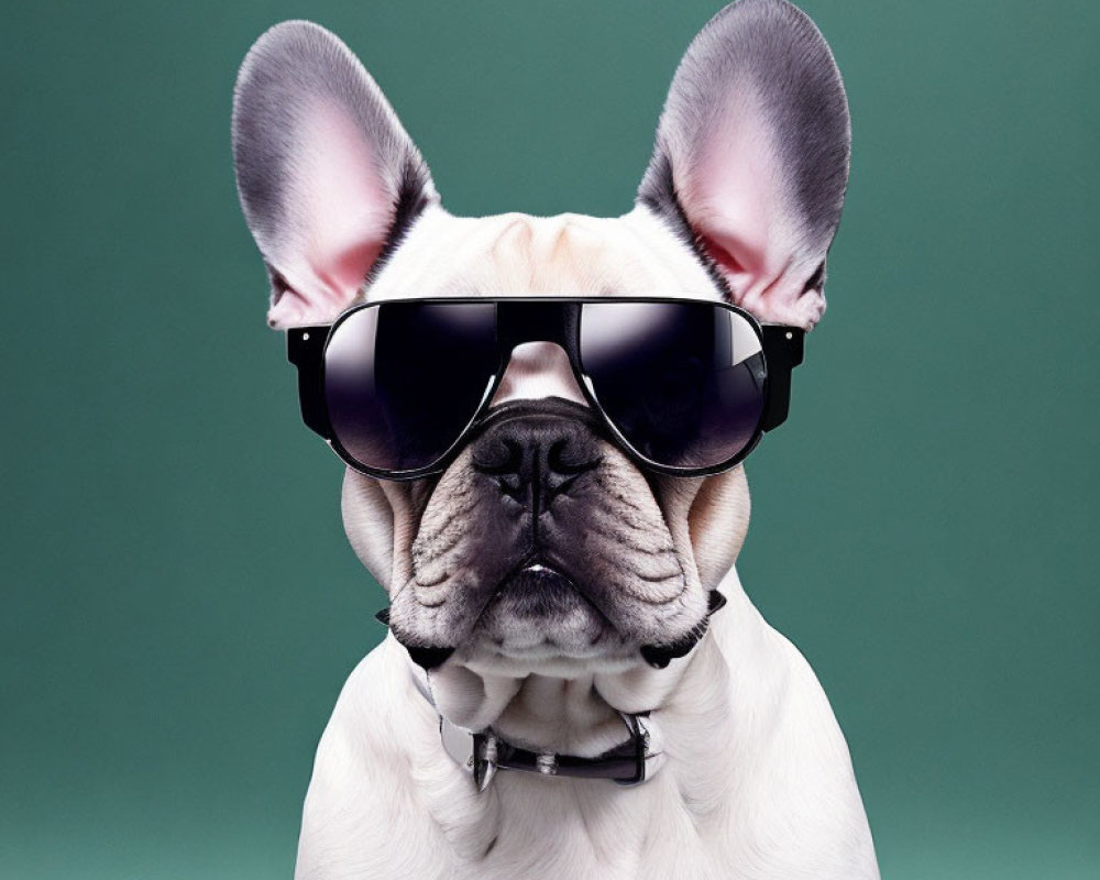 White French Bulldog in Oversized Sunglasses on Green Background