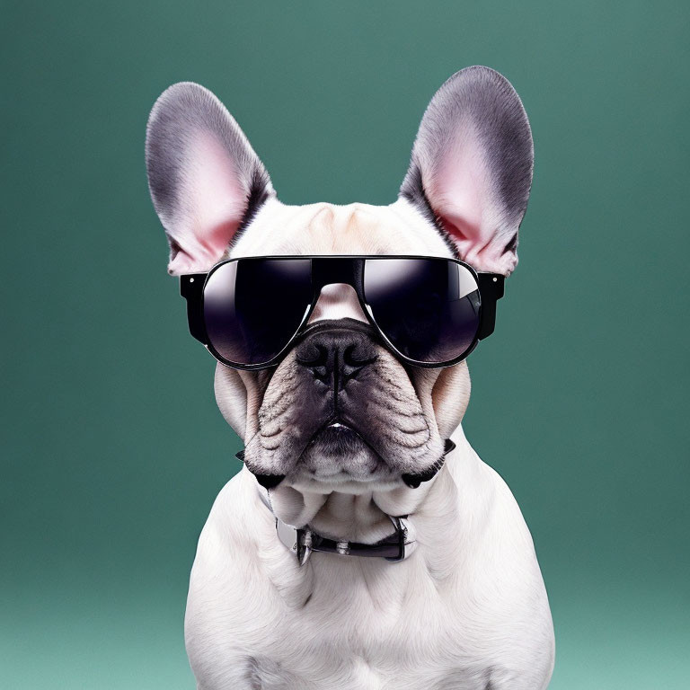 White French Bulldog in Oversized Sunglasses on Green Background