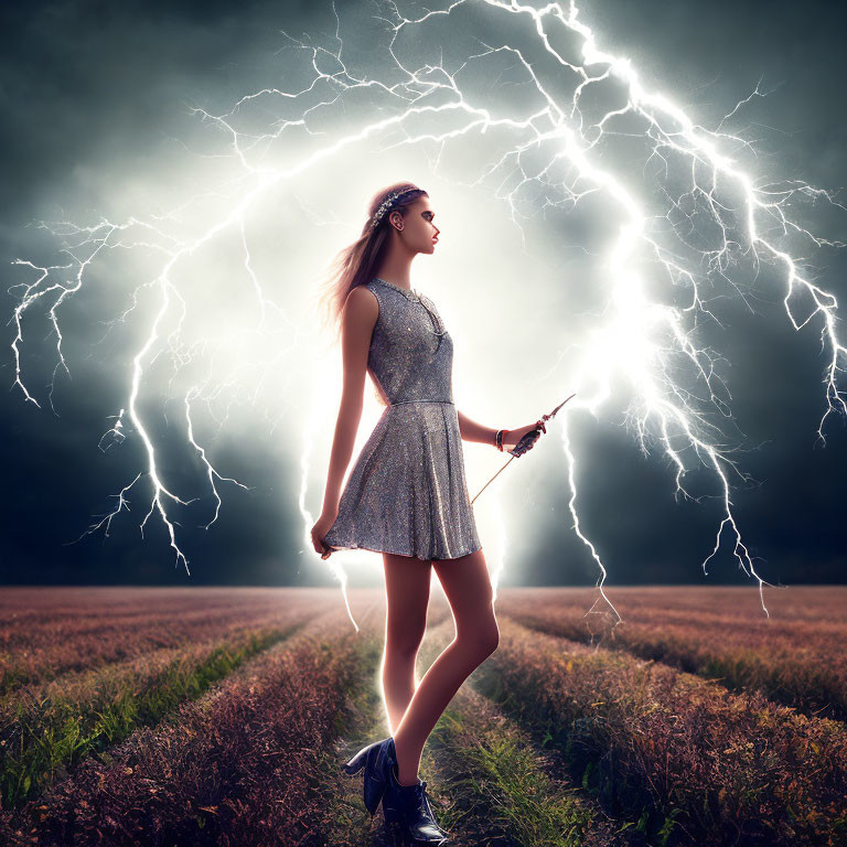 Woman in Sparkly Dress Stands in Field with Dramatic Lightning Bolts