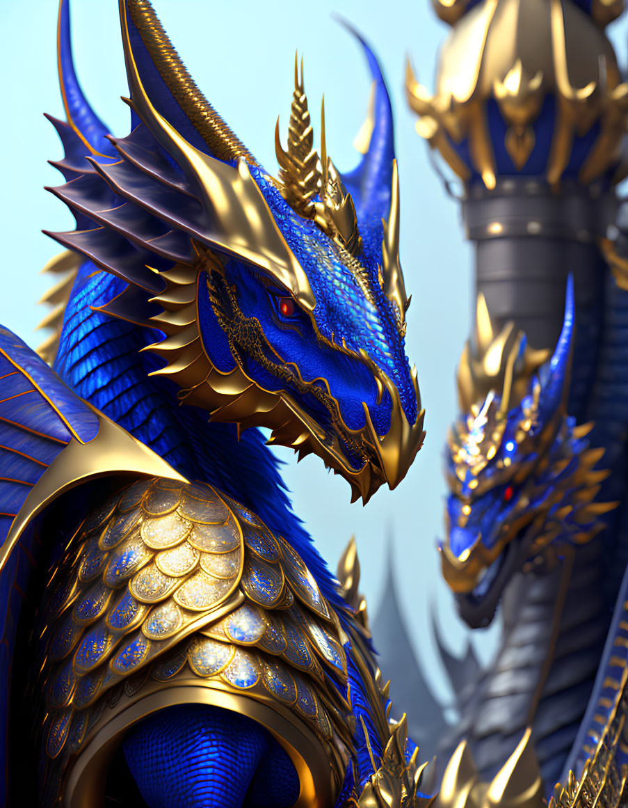 Detailed image: Majestic blue and gold dragon with intricate scales, sharp horns, and red eyes