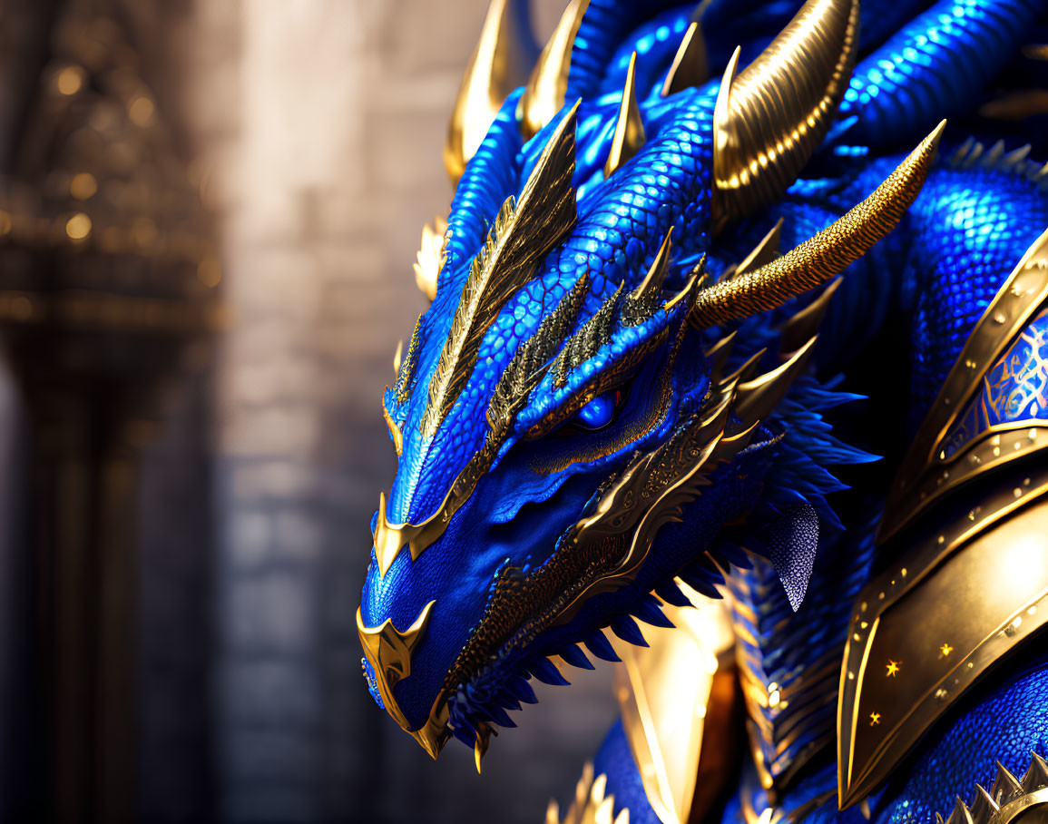 Majestic blue dragon with golden accents and armored scales in medieval setting