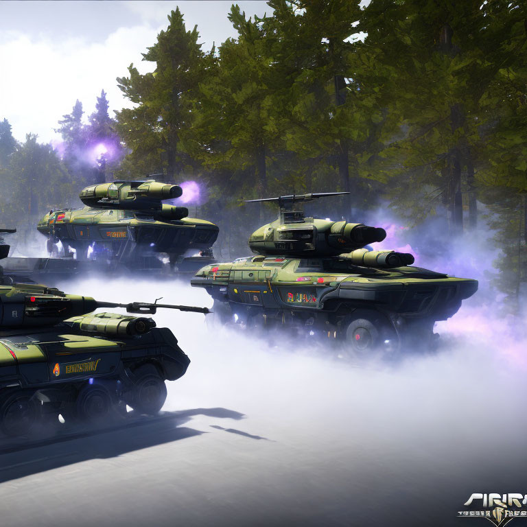 Modern Battle Tanks Advancing Through Forested Area with Smoke Layer