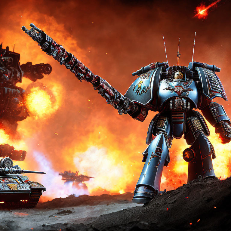 Detailed Robotic War Machine with Guns and Chain Sword on Fiery Battlefield