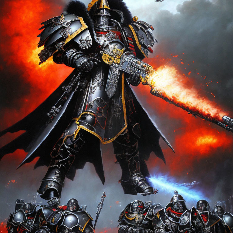 Imposing Warrior in Black and Gold Armor Amid Fiery Battle