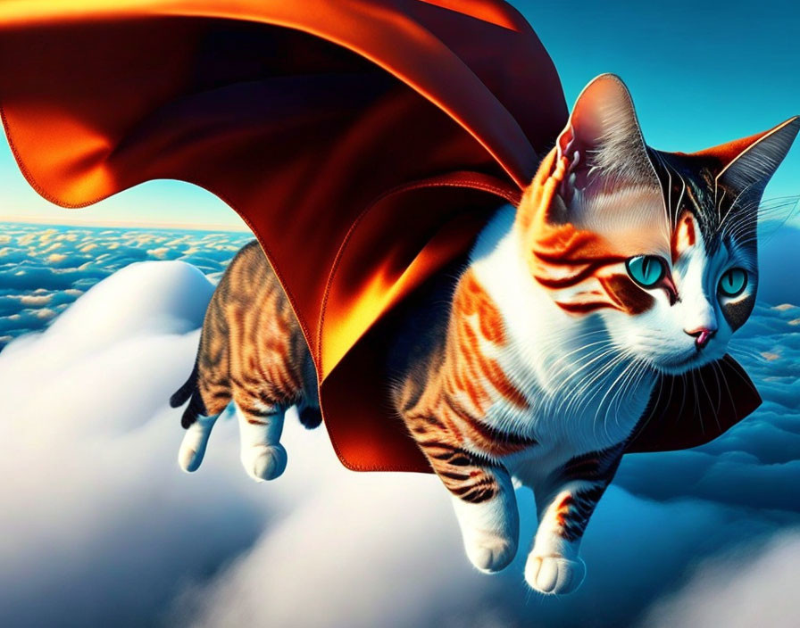 cat wearing capes and flying above the clouds