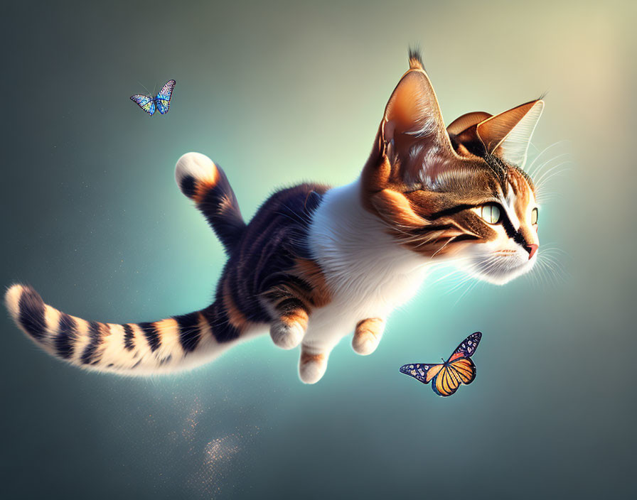 Floating tabby cat with bright eyes and butterflies on soft background