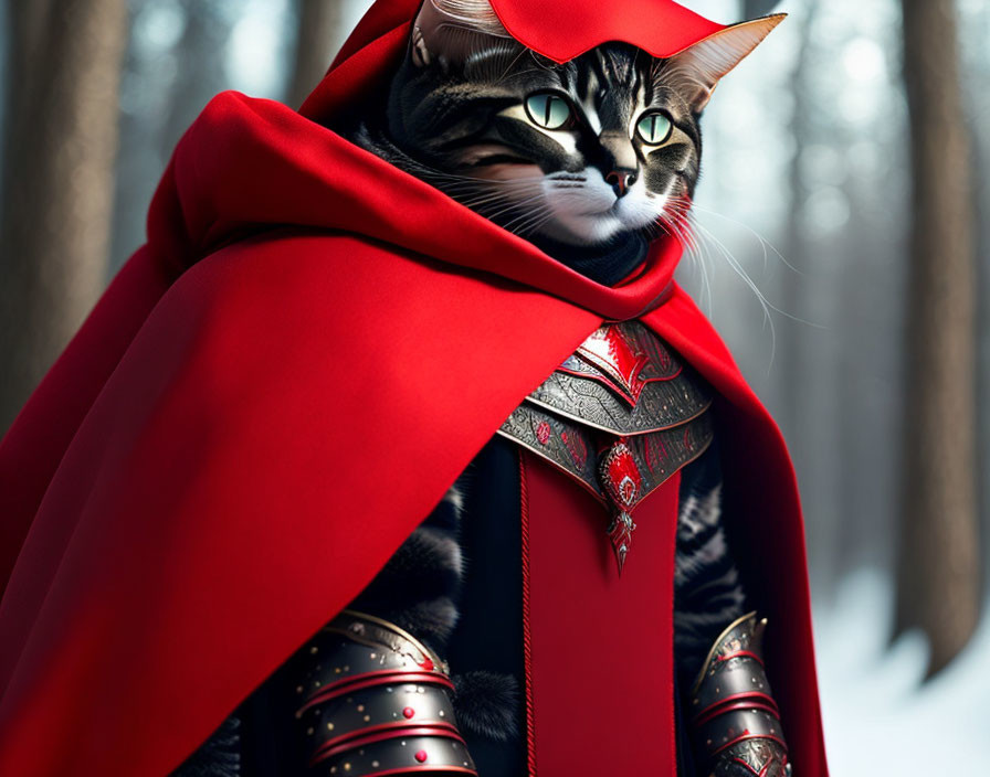 Regal cat in red cloak and armor in snowy forest