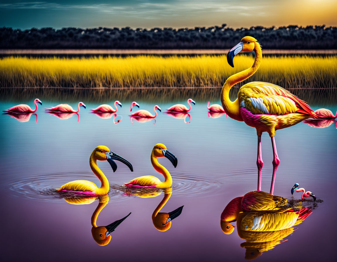 Flock of flamingos wading in water at sunset with reflections