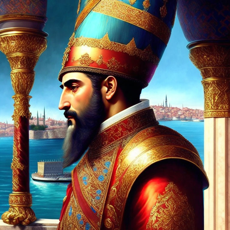 Bearded royal figure in turban and armor overlooking coastal cityscape