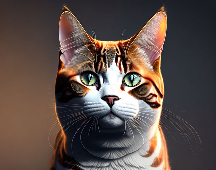 Detailed digital illustration: Cat with green eyes, orange & white striped coat