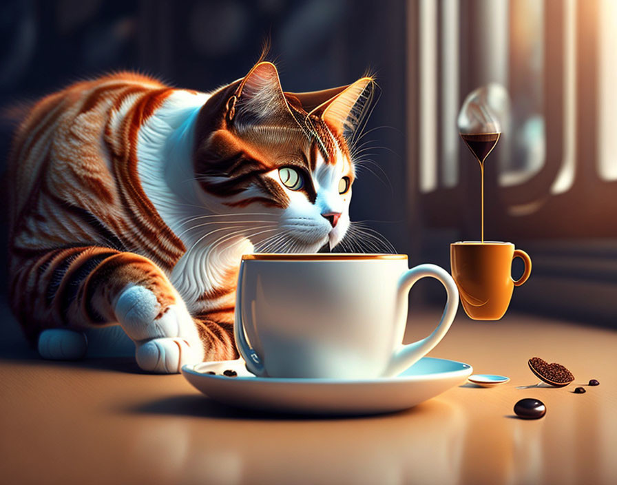 Cat with unique fur patterns next to pouring coffee cup