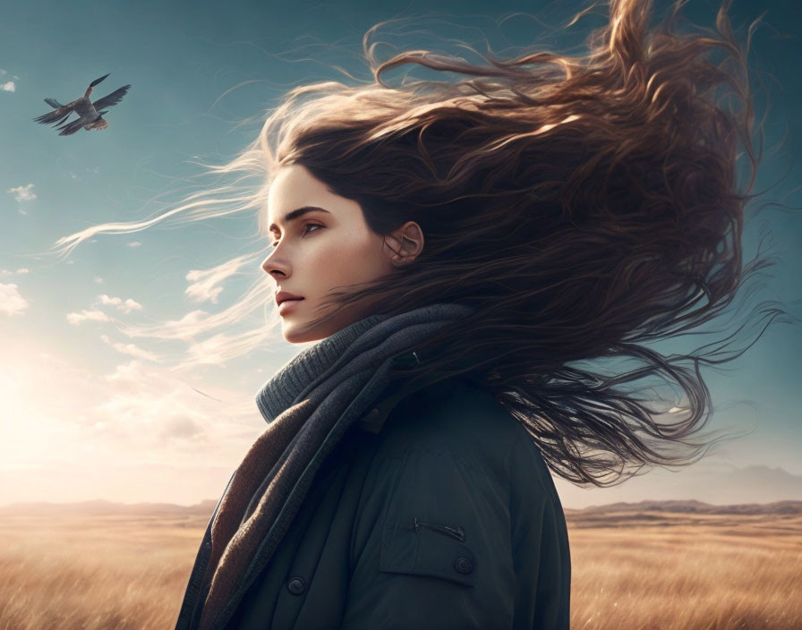 Woman with flowing hair in windy field with bird and dramatic sky