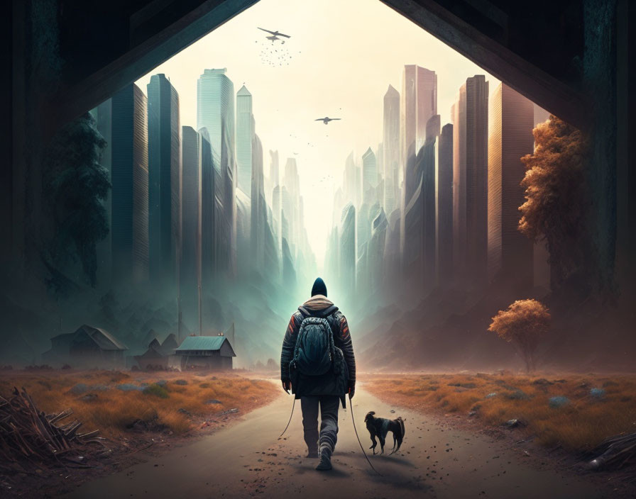 Person and dog walking towards futuristic cityscape amid desolate landscape