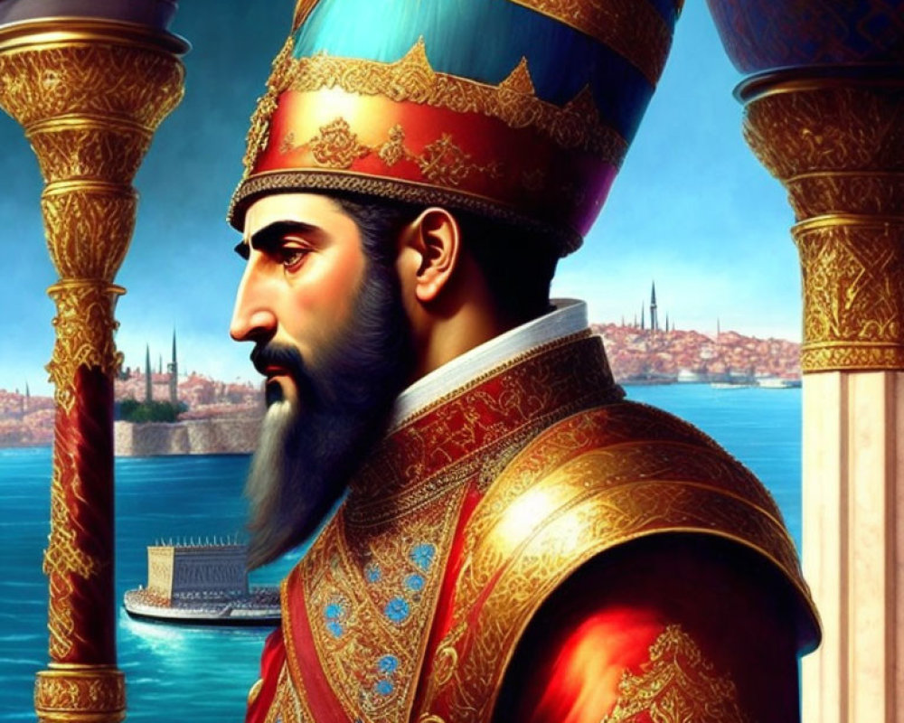 Bearded royal figure in turban and armor overlooking coastal cityscape