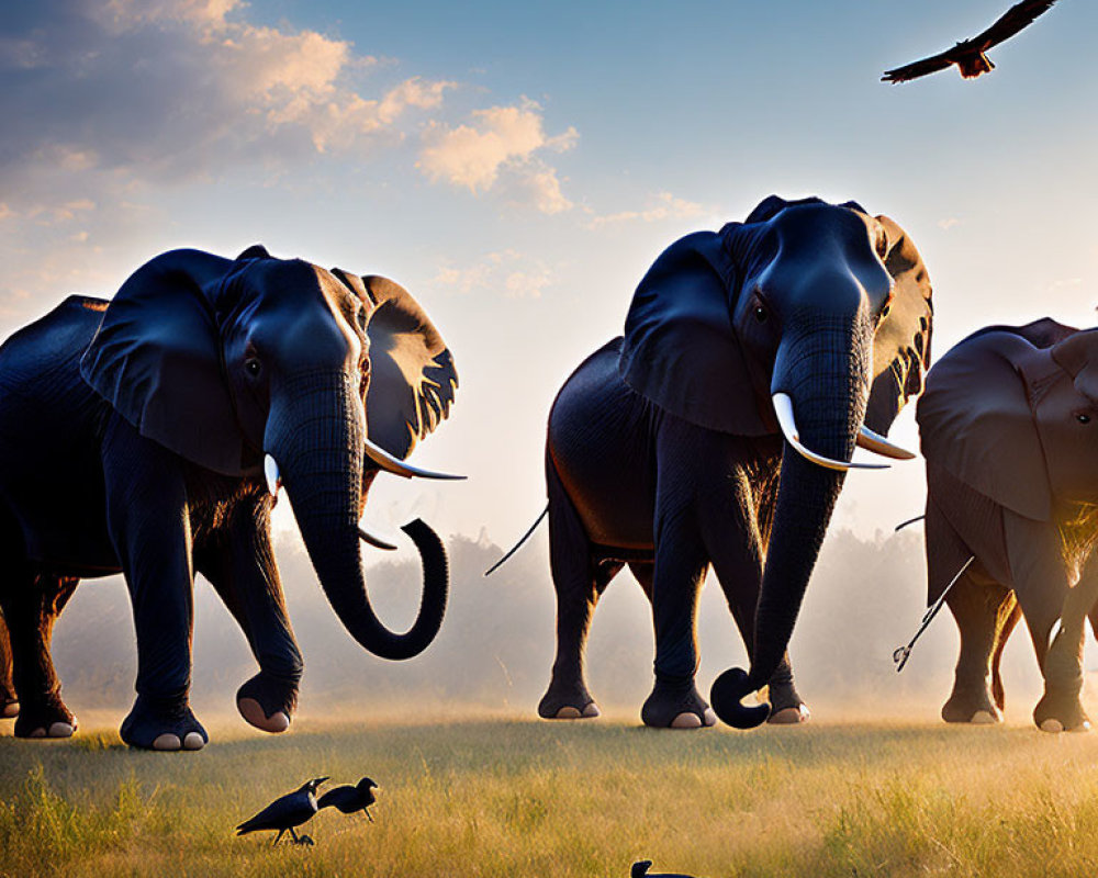 Elephants walking in grassy field at sunrise with birds and clear sky