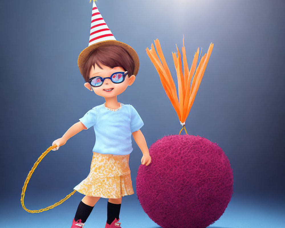 Cheerful child with glasses holding purple tentacled balloon