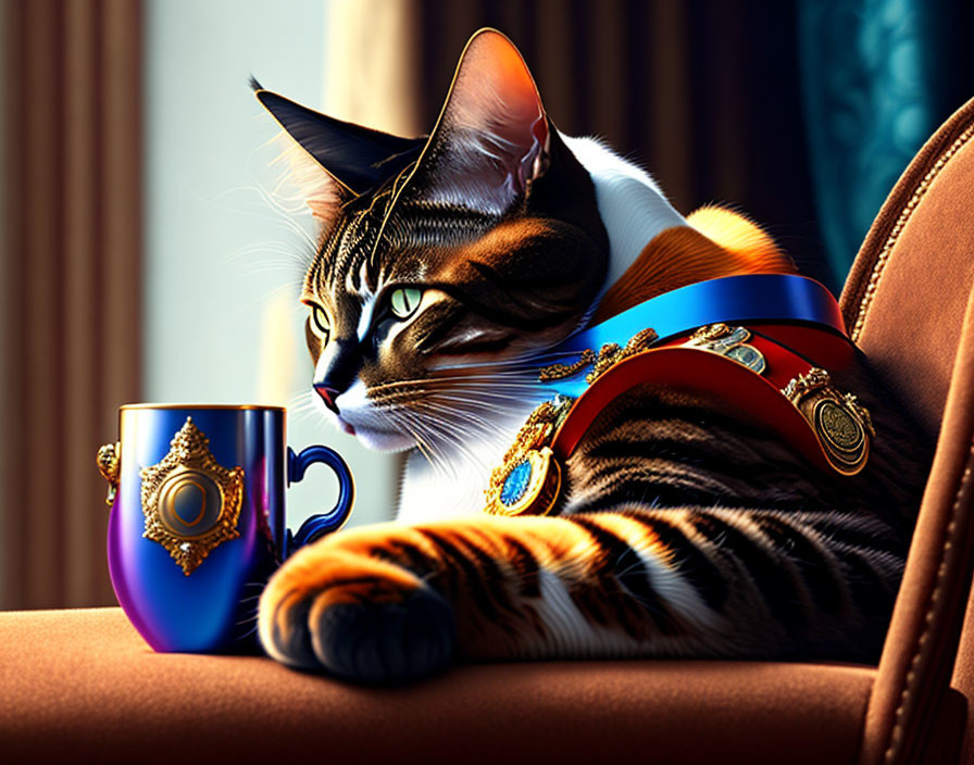 Regal Cat in Uniform with Ornate Cup by Luxurious Window