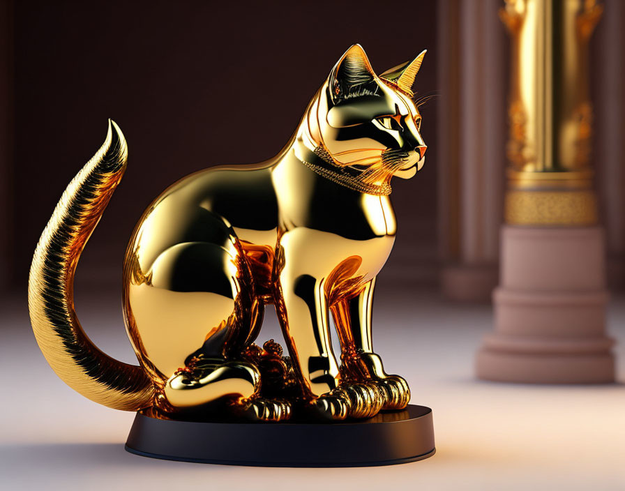 Golden cat statue with Egyptian-style collar on pedestal - intricate black accents against warm backdrop