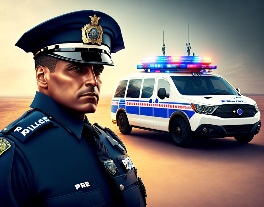 Digital illustration of stern police officer by police vehicle at sunset