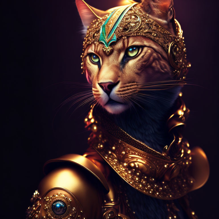 Regal anthropomorphic cat in golden armor and headdress on dark background