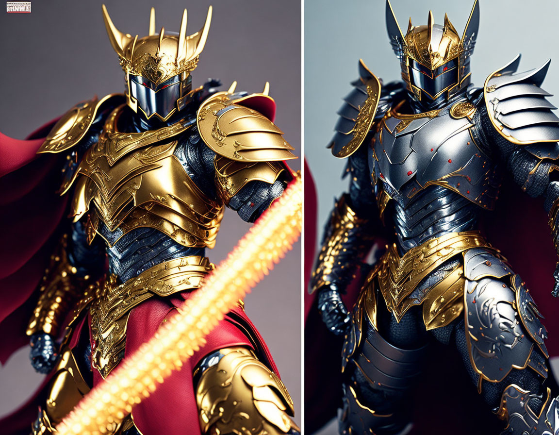 Detailed Samurai Action Figures in Gold and Dark Armor with Katanas