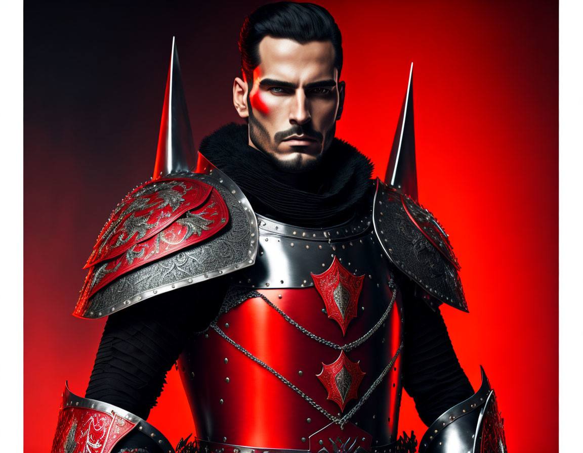 Detailed digital artwork of stern knight in ornate armor on red background