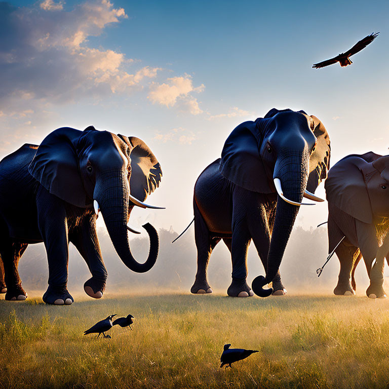 Elephants walking in grassy field at sunrise with birds and clear sky