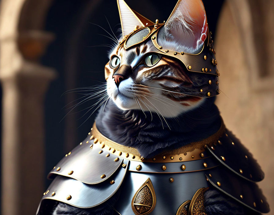 Cat in medieval armor with golden accents.