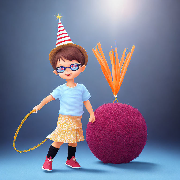 Cheerful child with glasses holding purple tentacled balloon