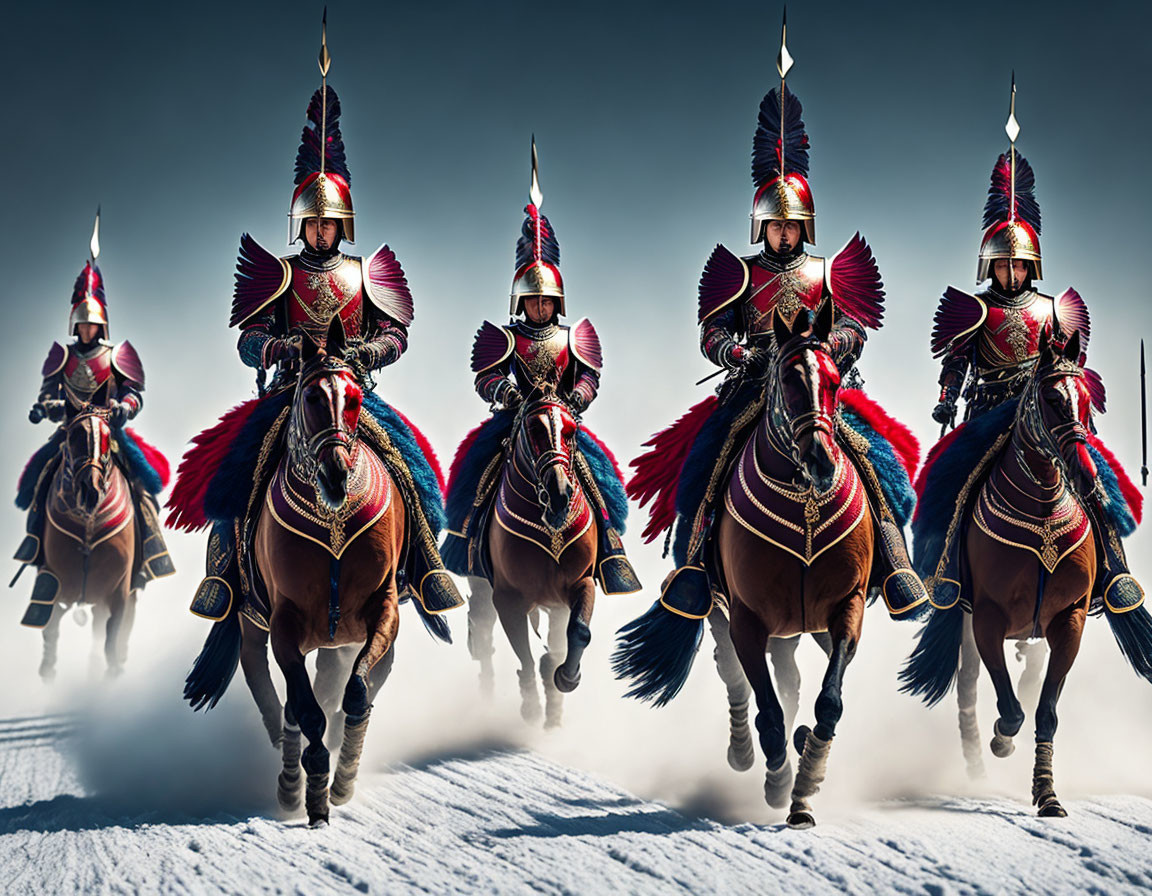 Five Armored Knights on Horseback in Red and Blue Plumes Against Cloudy Backdrop