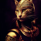 Regal anthropomorphic cat in golden armor and headdress on dark background