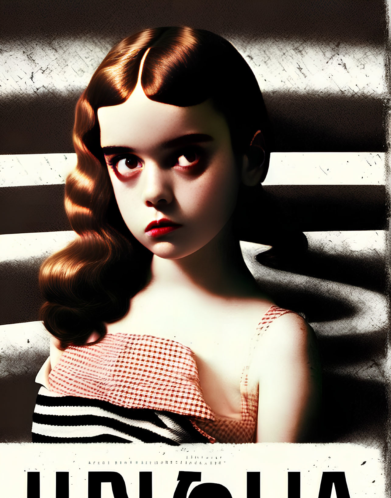 Vintage-style portrait of a girl with intense gaze against striped background and text overlay.