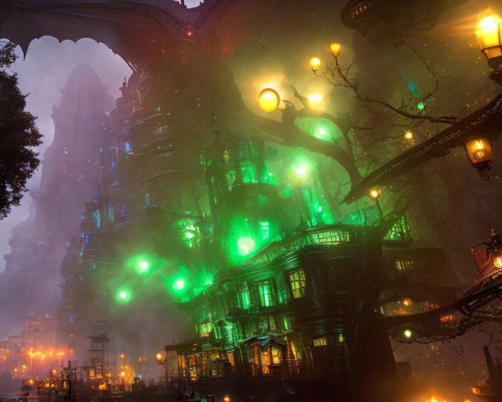 Mysterious gothic structure with eerie green lights and wing-like extensions in misty setting